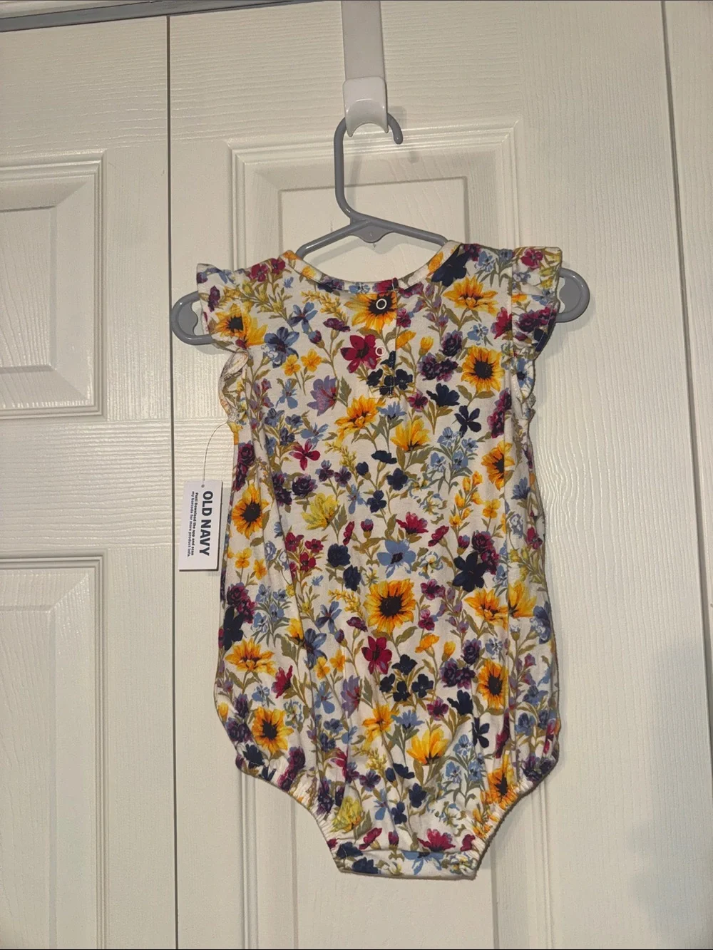 Old Navy White Baby Girl Floral Romper with Yellow & Purple Flowers